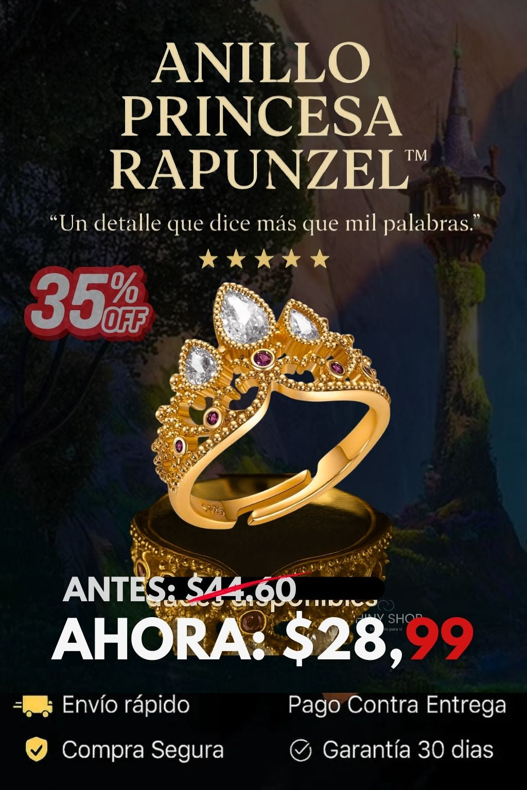 Anillo Rapunzel Oro 18k inoxidable (Ajustable ) + Caja Regalo